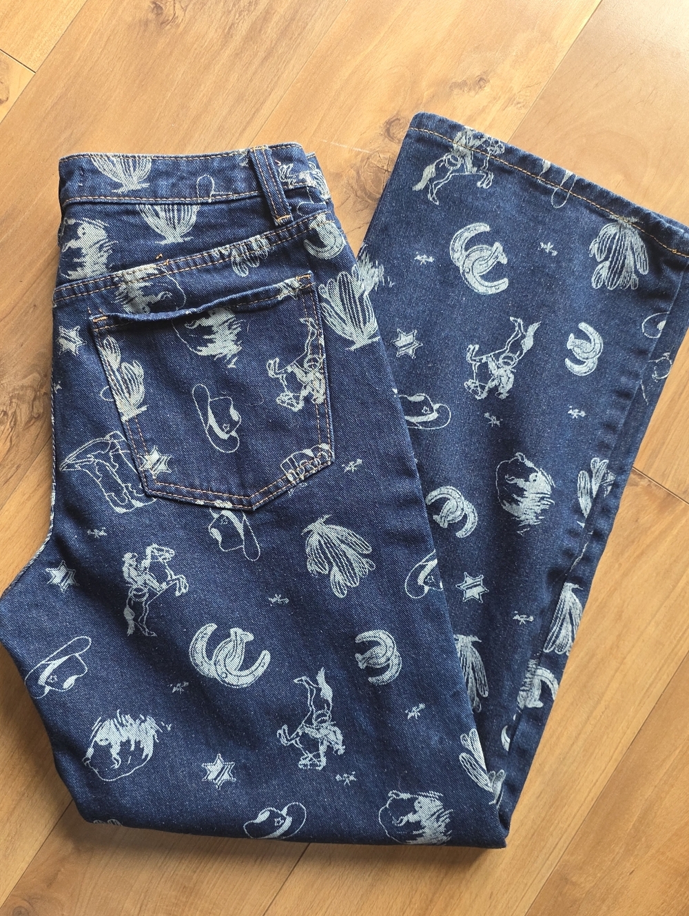 Calu 1850 Western Print Dark Blue Denim Wide Leg Jeans